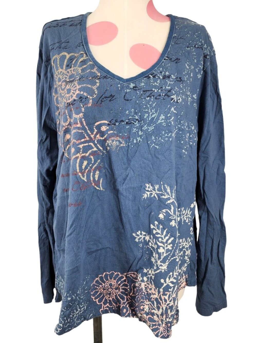 Women's Gloria Vanderbilt V-Neck Floral Graphic Knit Blouse Shirt 1XL Tee L/S